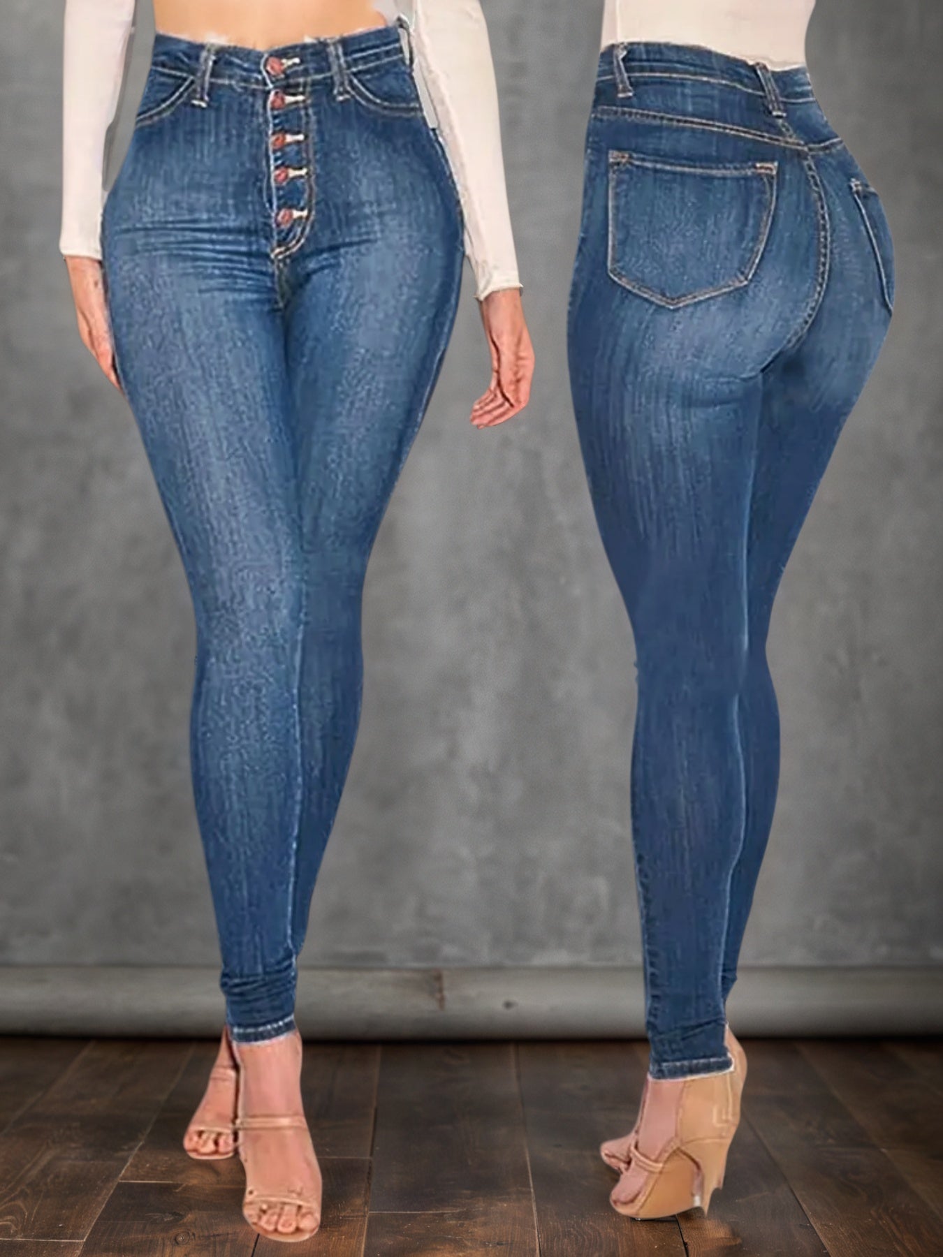 Women’s mid-blue high-waisted buckle jeans, skinny fit with front buttons and back pockets