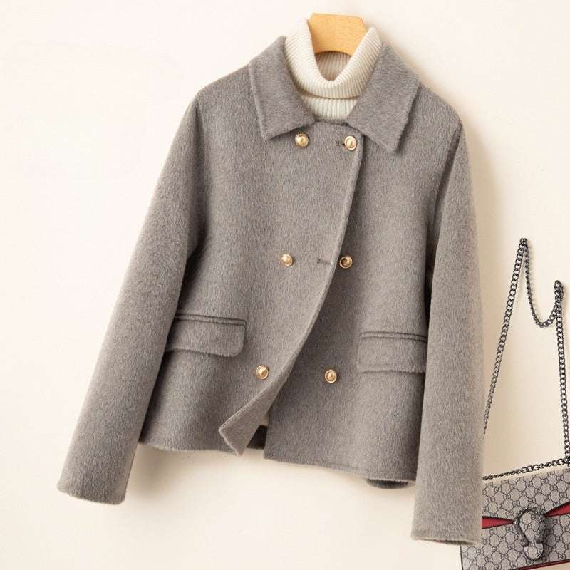 Short double-sided wool overcoat, gray with gold button front and flap pockets