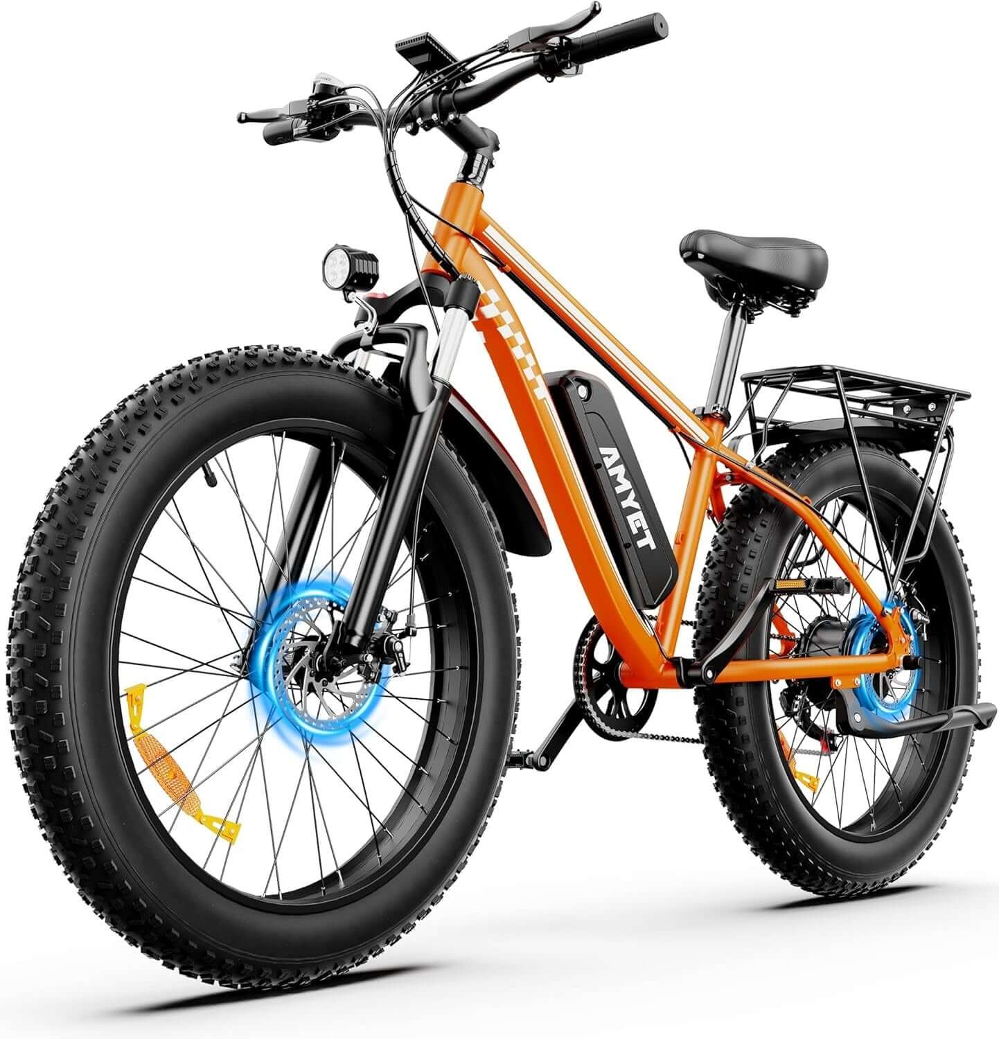 Electric fat tire bike, orange frame with front headlight and rear cargo rack, thick tires
