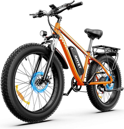 Electric fat tire bike, orange frame with front headlight and rear cargo rack, thick tires