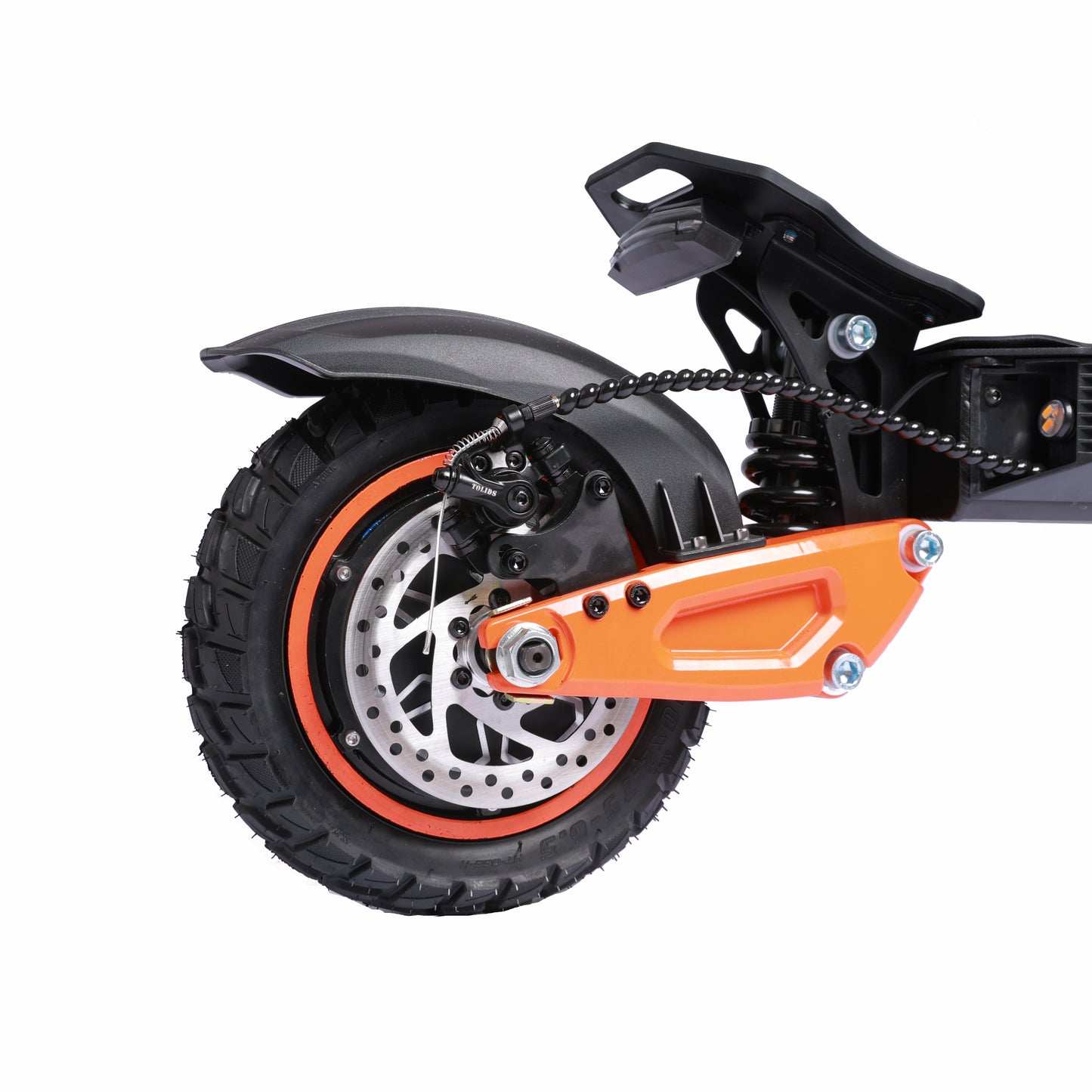 Rear wheel view of electric scooter with orange swing arm and black tire with tread