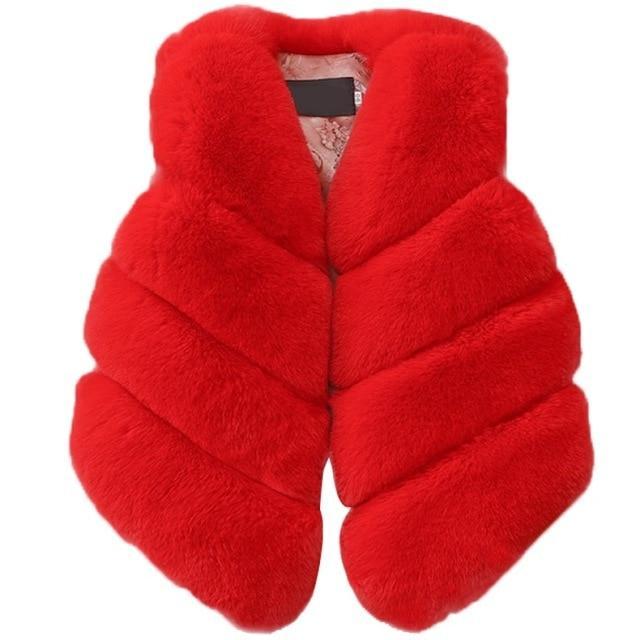 Red faux fur baby hooded winter vest with layered, puffy design