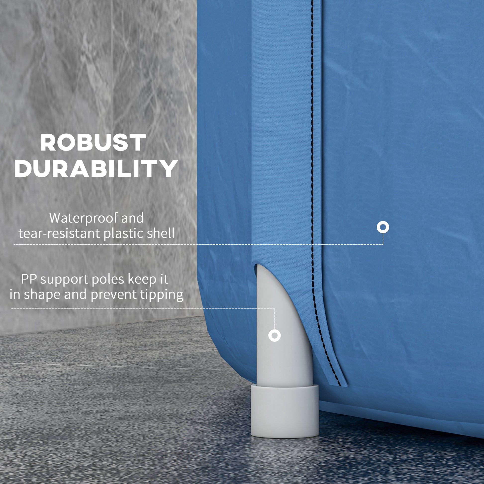 Blue cold plunge tub side with white support pole and reinforced paneling