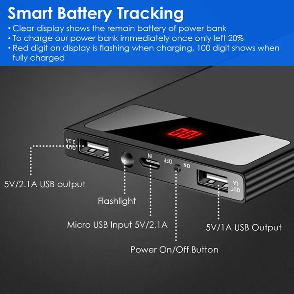 Black ultra-thin power bank with side USB ports and a red LED battery display.