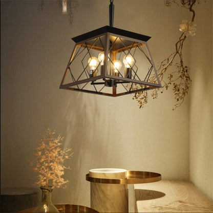 Black cage 4-light chandelier with four glowing bulbs and diamond wire frame