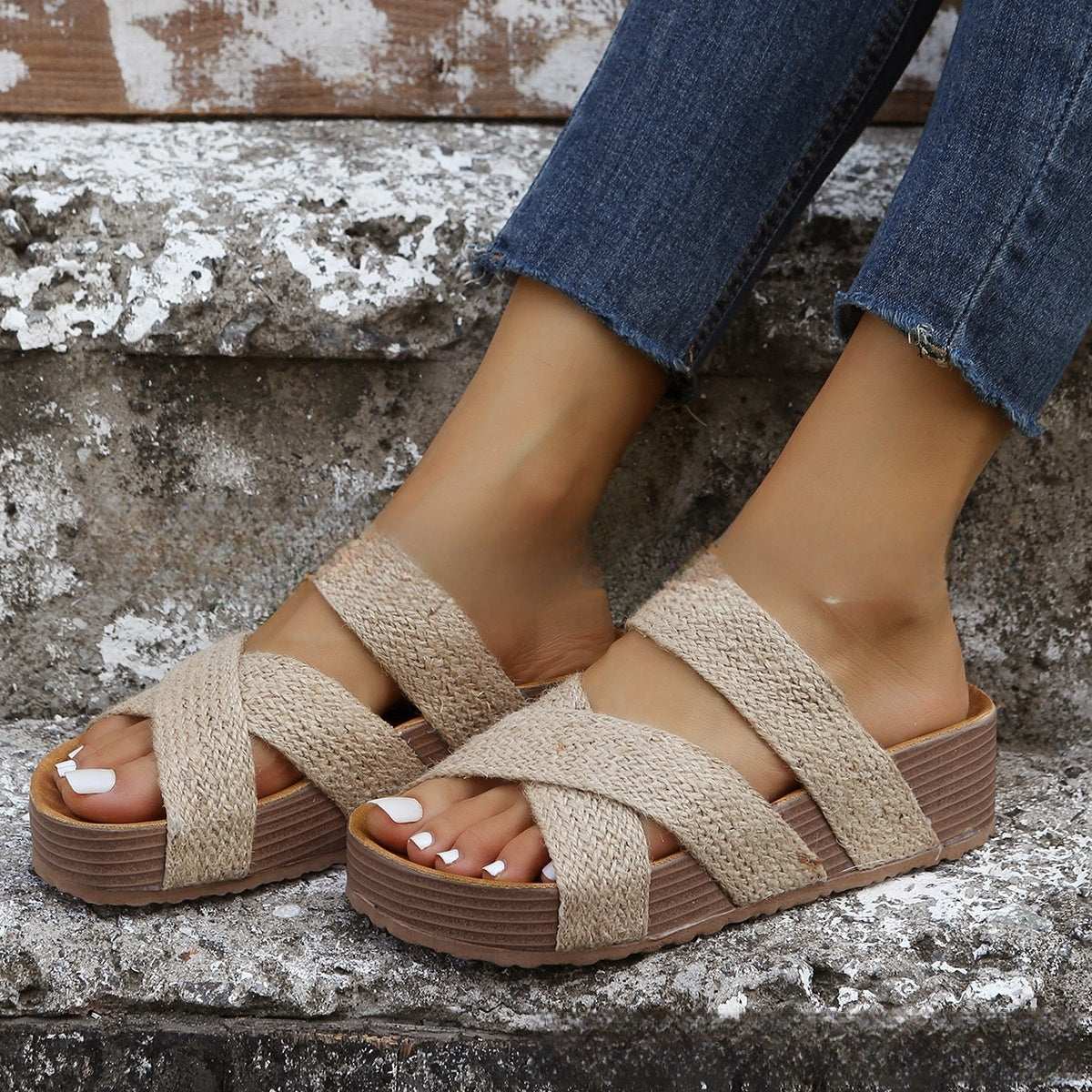 Women's Platform Sandals – Cross Strap Hemp Rope Design Women's Flat Platform Cross Hemp Rope Wo | Ectron Online