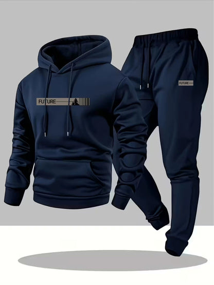 Men's loose-fit hoodie and pants set, navy blue hoodie with drawstring hood and front pocket, navy joggers
