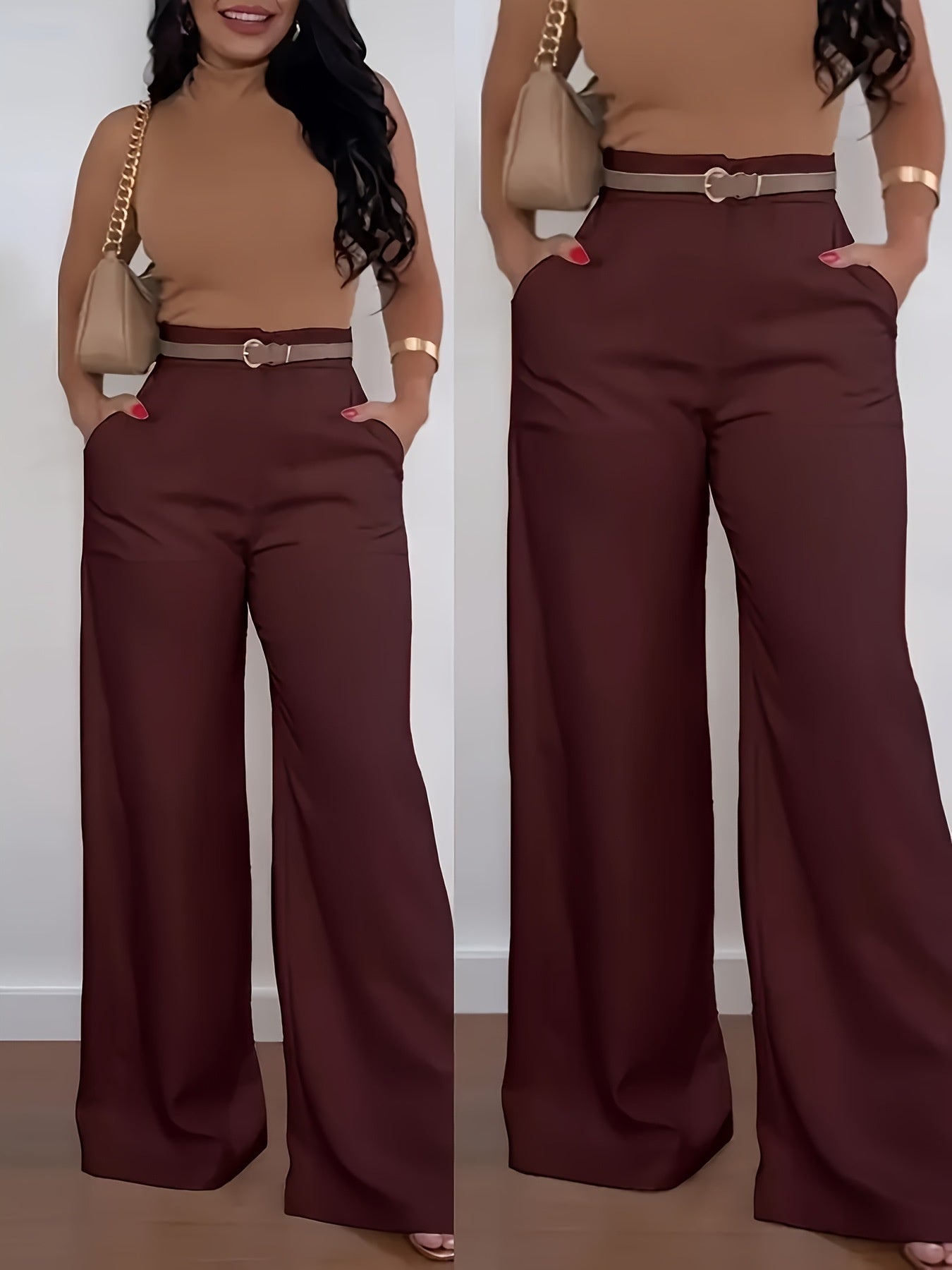 Burgundy wide-leg flared pants with belted waist and front pockets