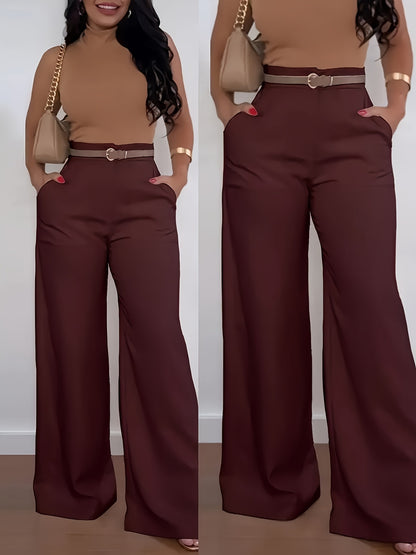 Burgundy wide-leg flared pants with belted waist and front pockets