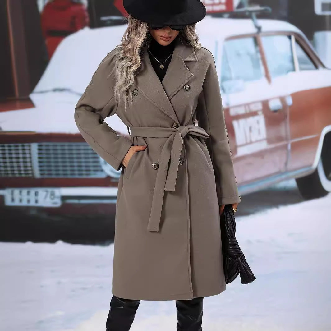 Women's Double-Breasted Woolen Coat | Lace-Up Slim Winter Overcoat