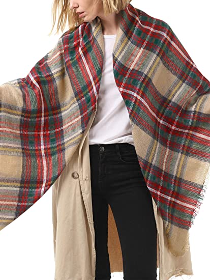 Plaid scarf draped over shoulders, fringed hem, gray-brown with red tones