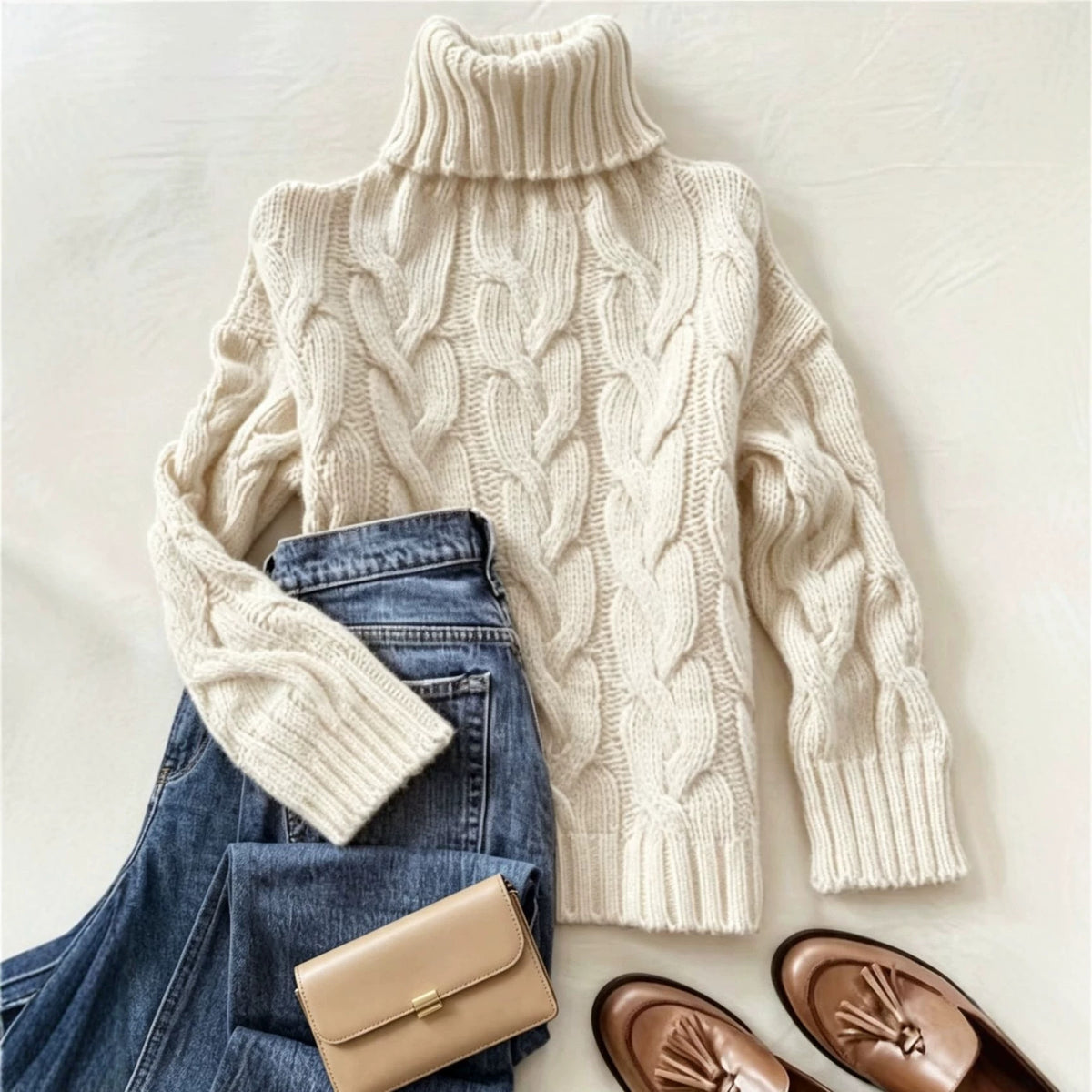 Beige cable-knit turtleneck long-sleeve sweater with ribbed cuffs and hem.