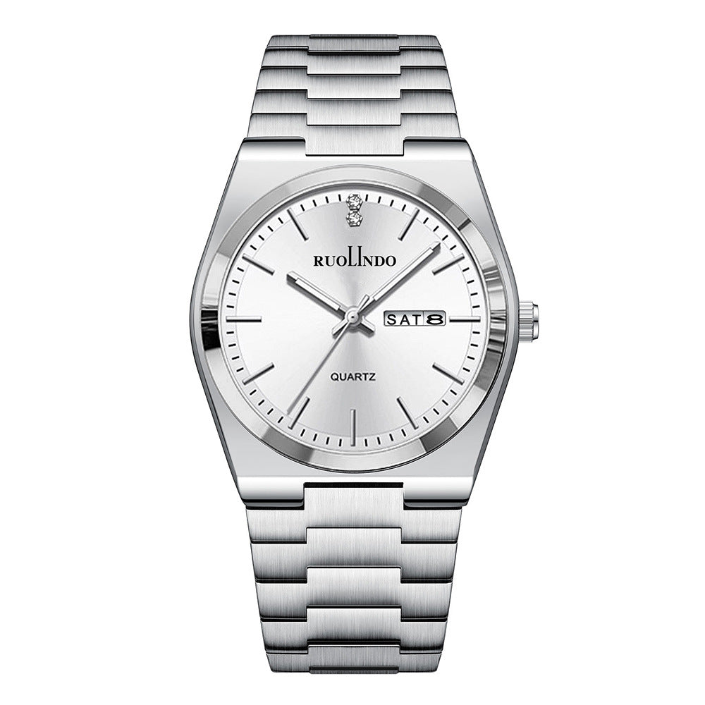 Stainless steel luminous men's wrist watch with light dial and metal bracelet