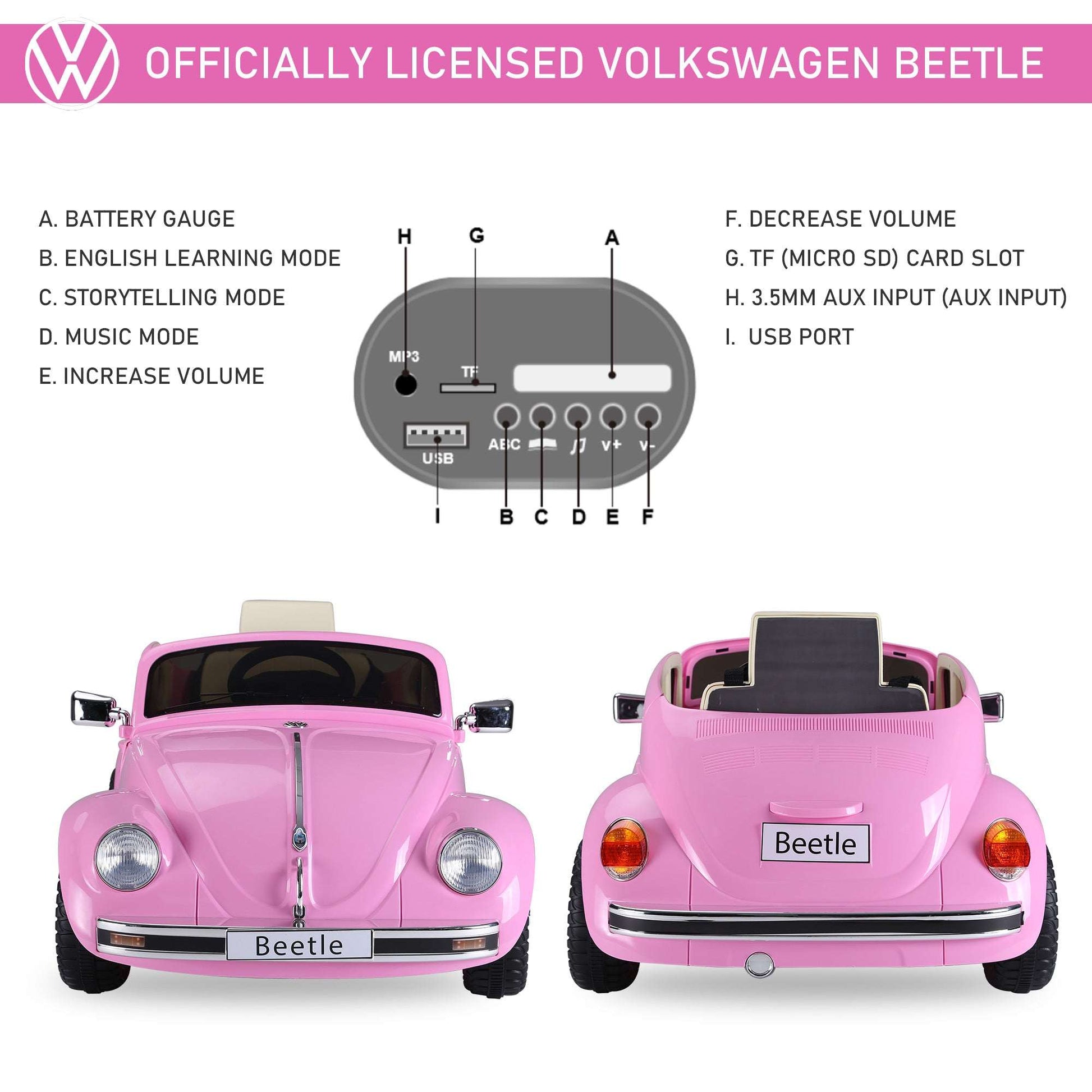 Licensed VW Beetle Kids Electric Car - Pink 12V Ride-On with Remote Licensed Volkswagen Beetle Ride-on Kids | Ectron Online
