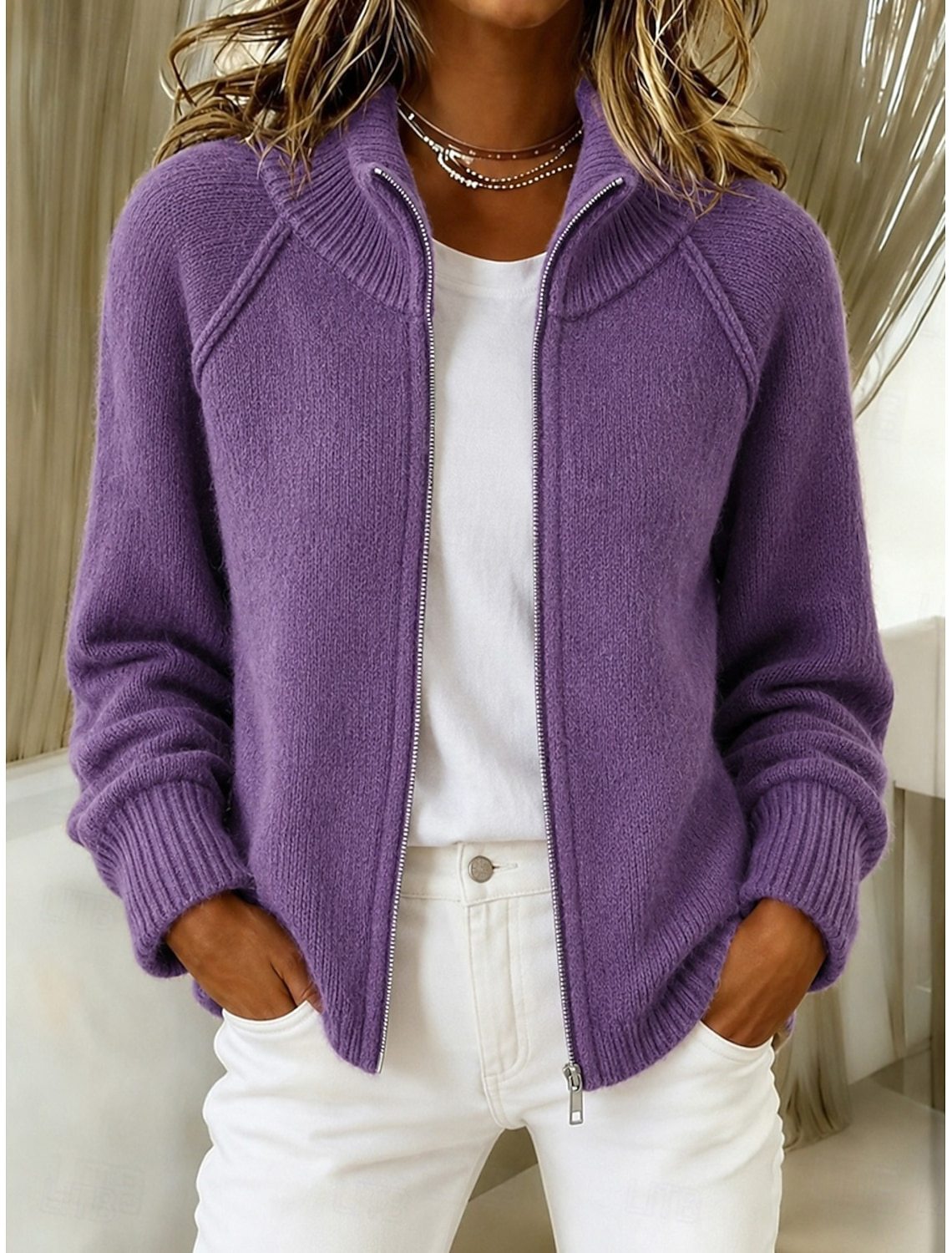 Purple knitted cardigan with stand collar and front zipper, long sleeves, ribbed cuffs