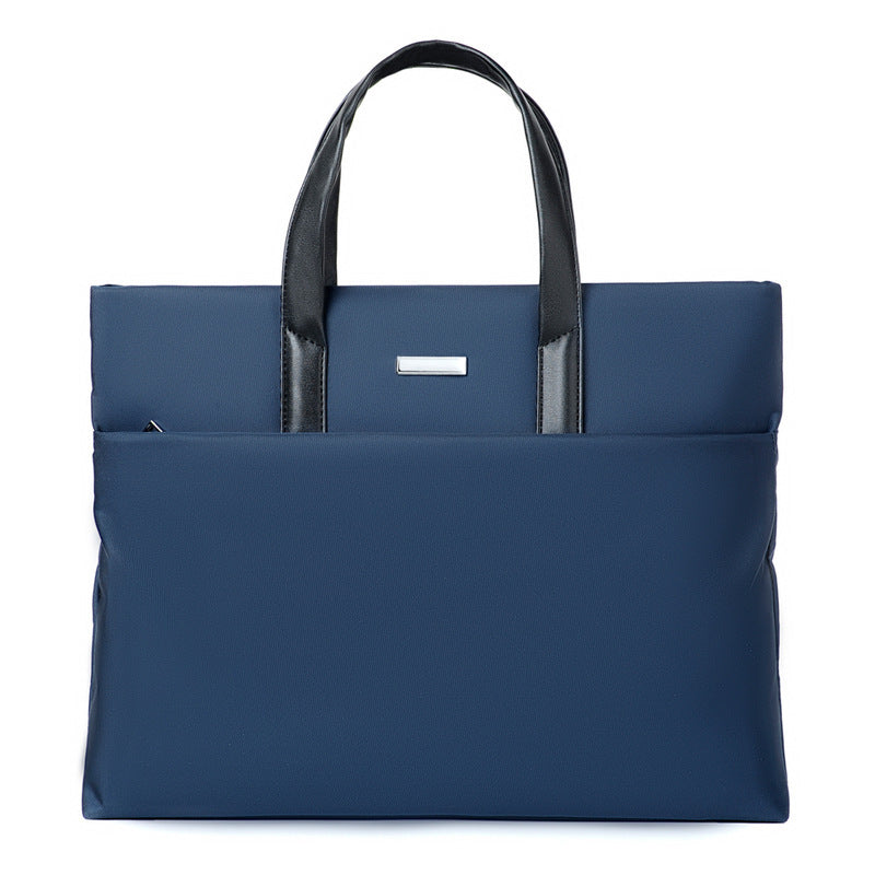 Men's casual messenger bag, blue with top handles and front logo plate