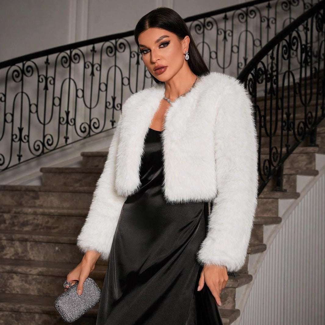 White faux fur short coat with long sleeves and open front