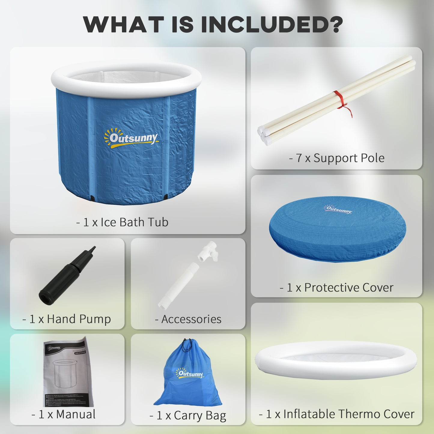 Cold plunge tub kit with blue tub, white rim, support poles, hand pump, cover