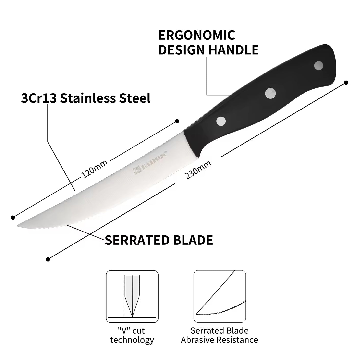 Ergonomic serrated steak knife diagram with black handle and stainless blade