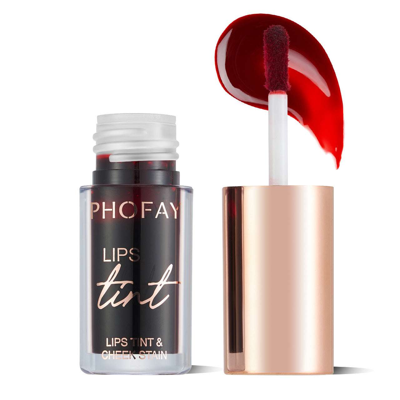 Lip tint bottle with doe-foot applicator holding deep red tint, rose-gold tube