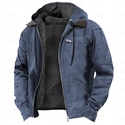 Men’s hooded fleece zip-up jacket in blue with black inner hood and front zip pockets.