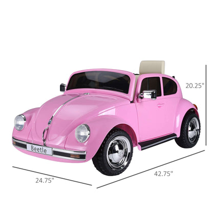 Pink kids electric ride-on car with dimensions shown from front-left