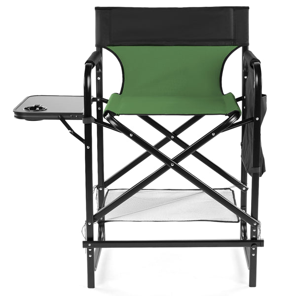 Tall director's chair with olive green seat, black side table, headrest and storage pockets