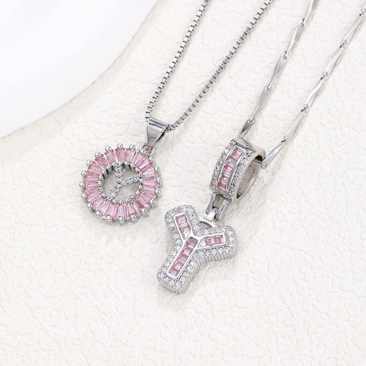 Rock Sugar 26-letter Pendant Necklace For Women, Copper Inlaid Zircon Round Flower Jewelry Set