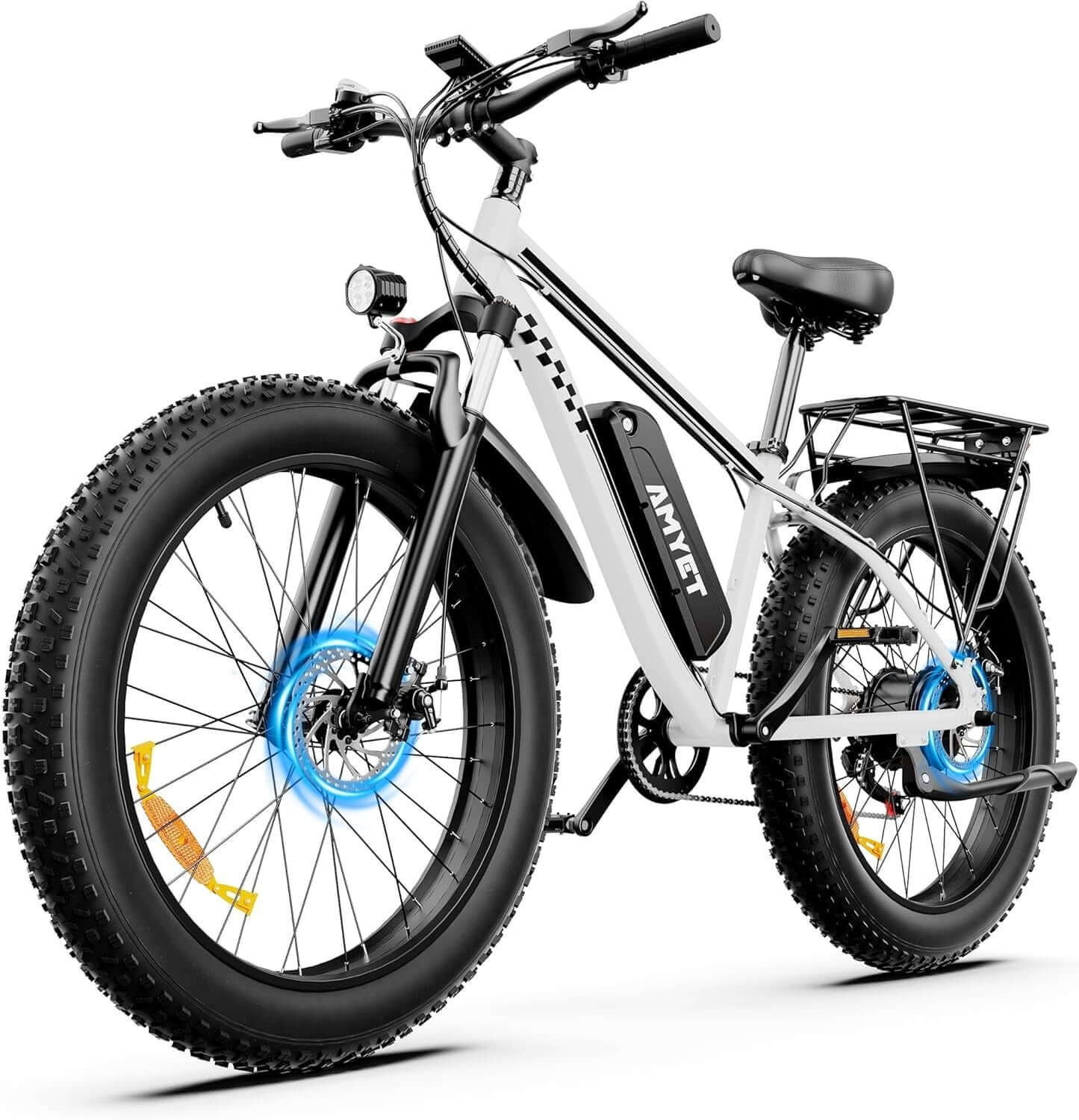Electric fat tire bike with white frame, black tires, and blue wheel accents