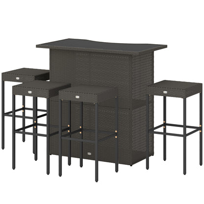 Dark brown rattan wicker bar table with four high stools, front view on white background