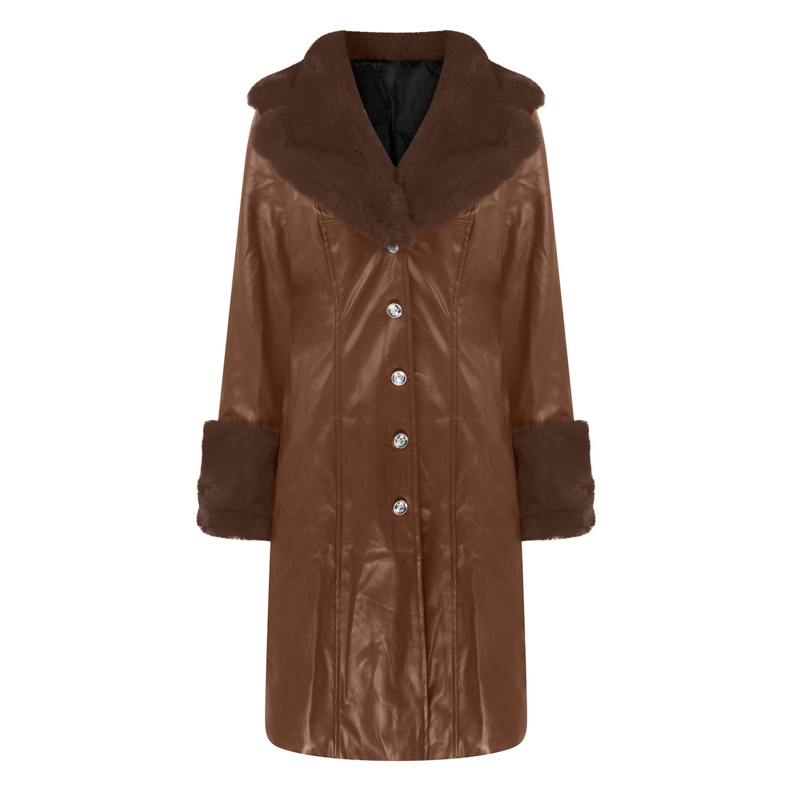Long PU leather coat in brown with plush faux fur collar and button-front closure