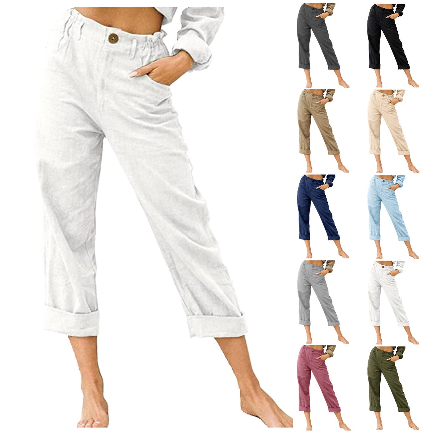 Patchwork Pant Women's Cotton Linen Pants Drawstring Back Elastic Waist Pants Loose Casual Trousers