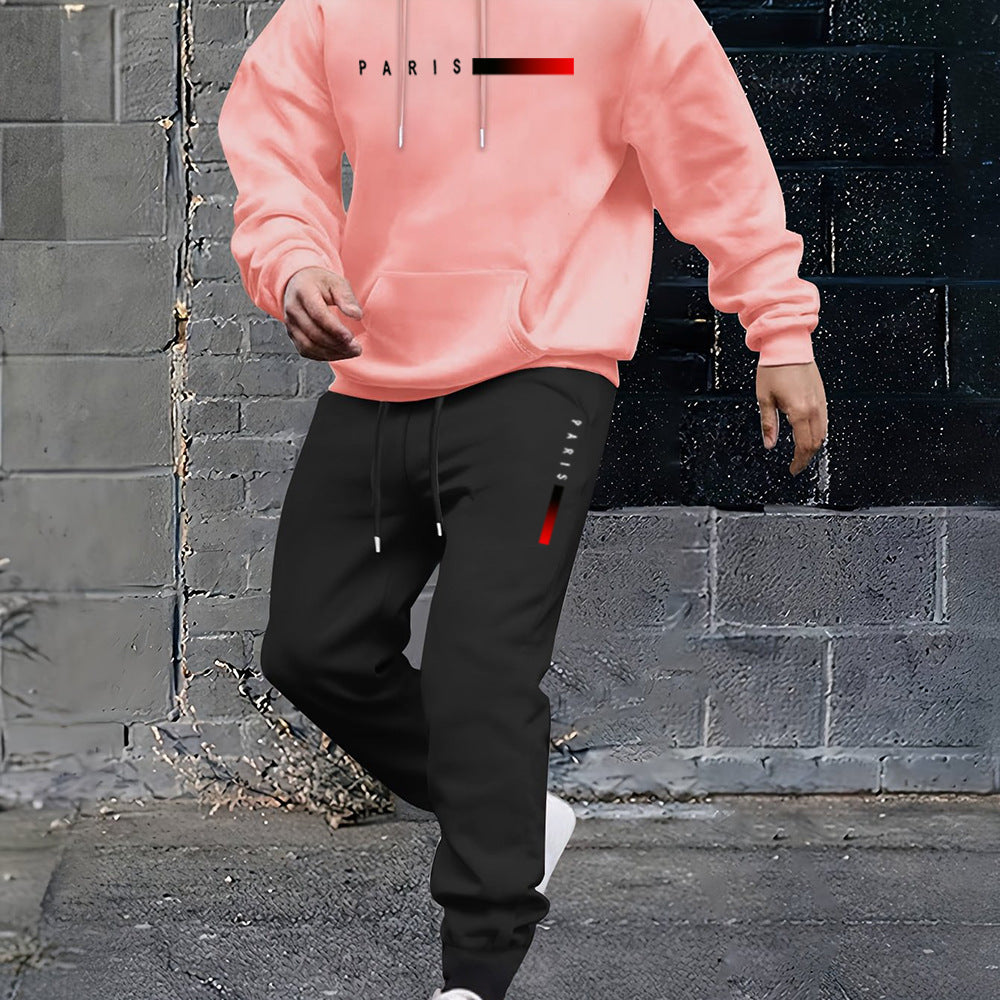 Men's loose-fit hoodie and pants set, coral pink hoodie with hood drawstrings and kangaroo pocket, black joggers