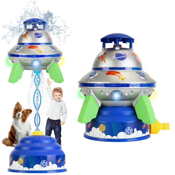 Toy rocket with water sprayer and child and dog in the background