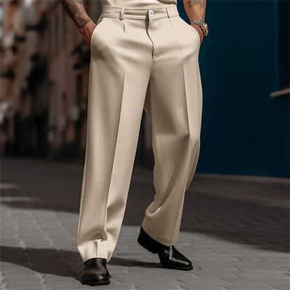 Men's straight-leg suit pants in light beige, belt loops, center crease, cuffed hem