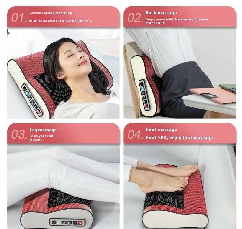 Cordless heating massager pillow shown for neck, back, legs, and foot use