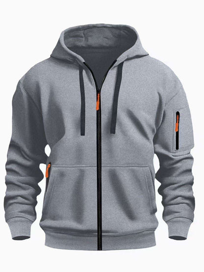 Men's zip-up hooded sweatshirt in heather gray with drawstring hood and zip pockets
