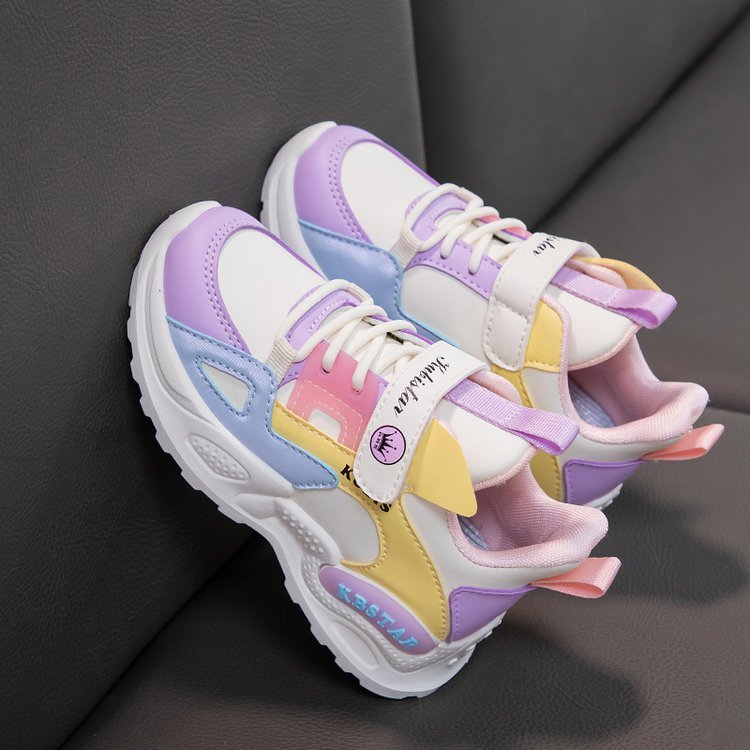 Girls' lightweight running sneakers with white and lavender uppers, yellow and light-blue accents.