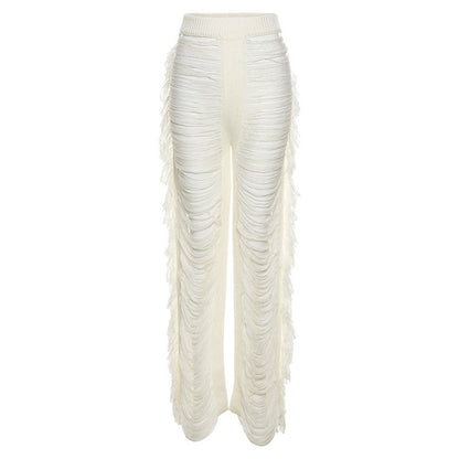 Women's Cutout Shredded Tassel Slim Fit Straight Casual Trousers