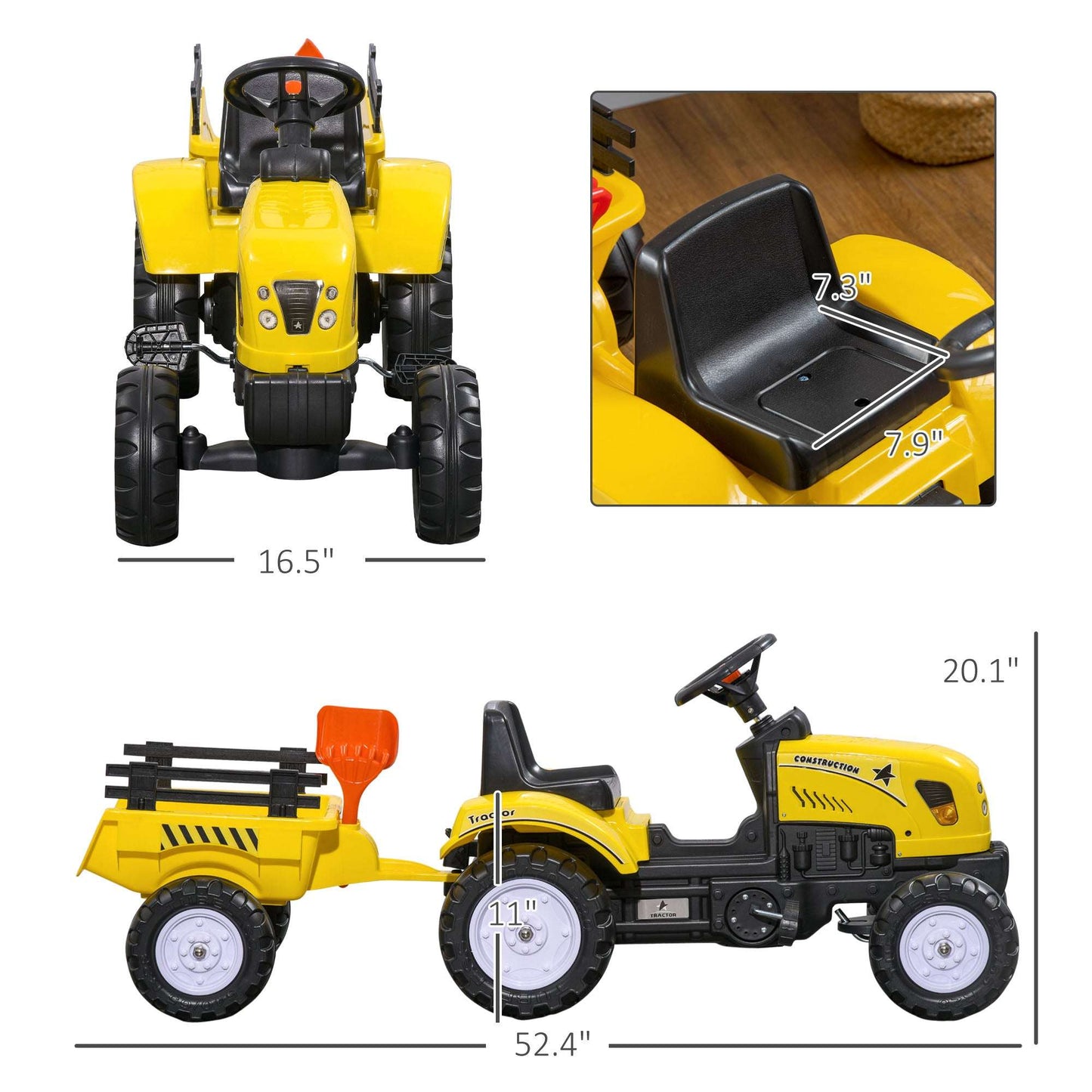 Kids Ride-On Tractor with Trailer & Garden Tools - Yellow Pedal Kart Kids Ride on Tractor with Back Trailer, | Ectron Online