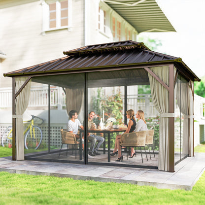 Brown hardtop gazebo with dark roof and open front, curtains surrounding the sides