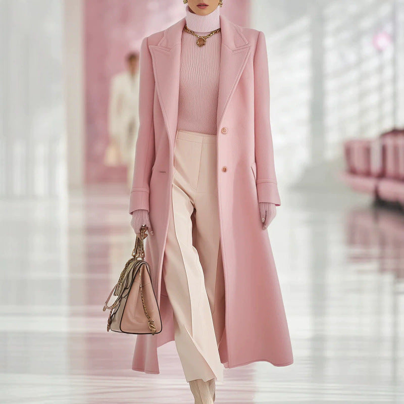 Women’s mid-length wool coat, light pink, notched lapels, button front, side pockets