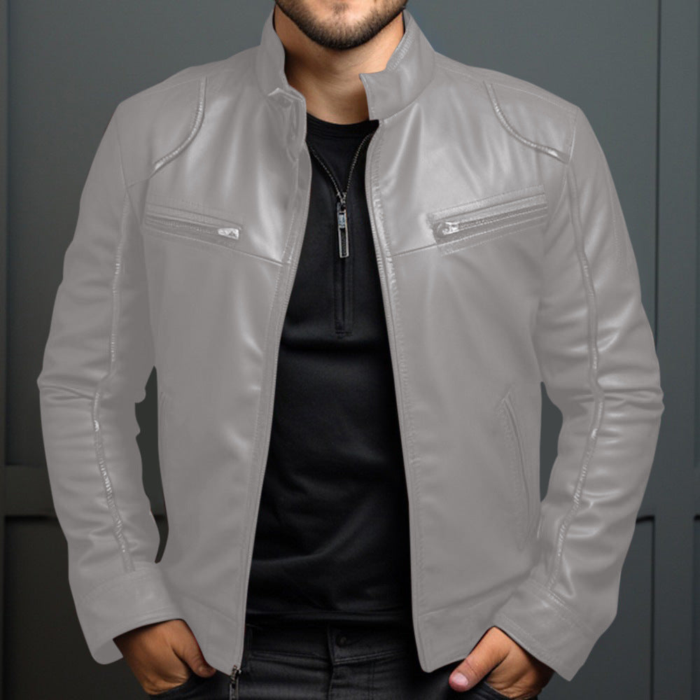 Men's Leather Motorcycle Jacket Men's Stand Collar Motorcycle Leather Ja | Ectron Online