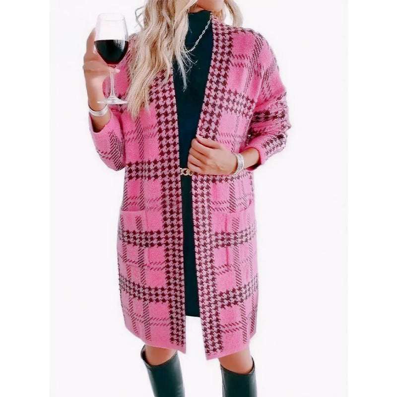 Women's Houndstooth Knitted Long Jacket - Elegant Coat Women's Houndstooth Knitted Long Knitted | Ectron Online