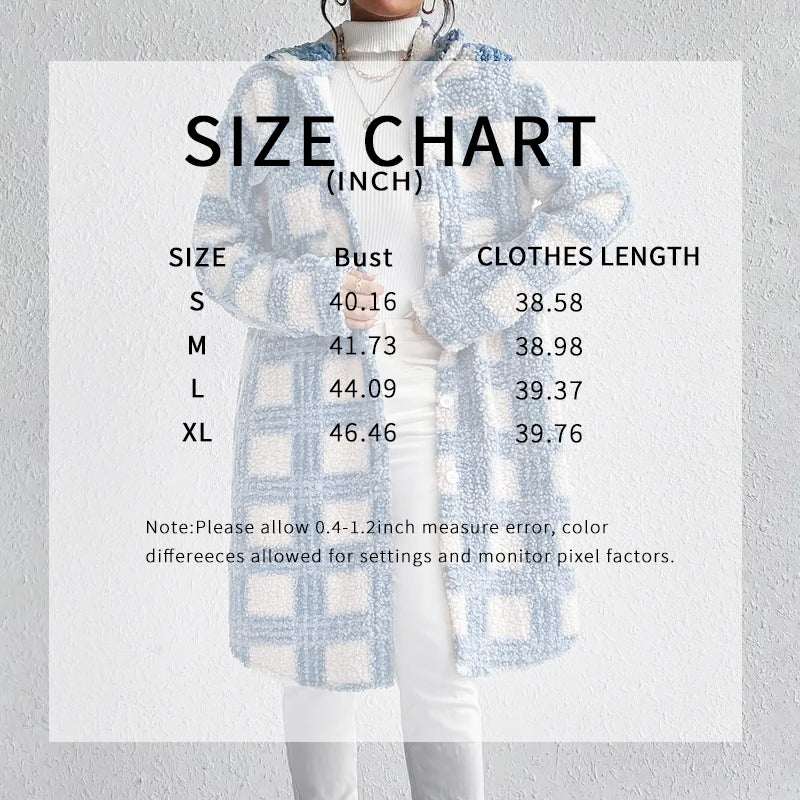 Size chart for clothing measurements with a person wearing a checkered cardigan.