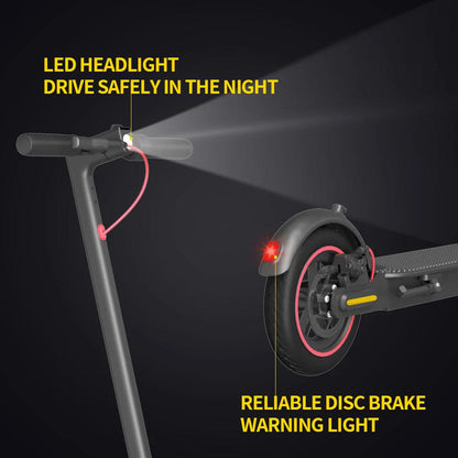 Electric scooter front wheel close-up with LED headlight and disc brake light