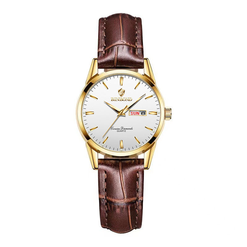 Gold-tone quartz wristwatch with brown leather strap and sun/date window