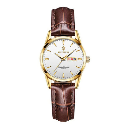 Gold-tone quartz wristwatch with brown leather strap and sun/date window