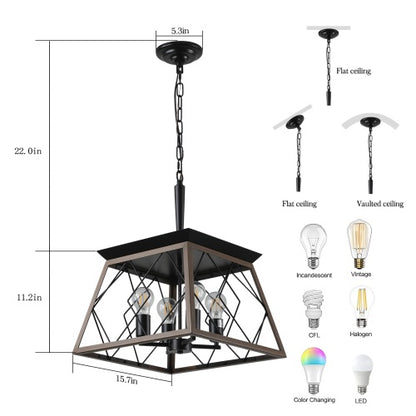 Black 4-light chandelier diagram with chain mount, ceiling options, and bulb types