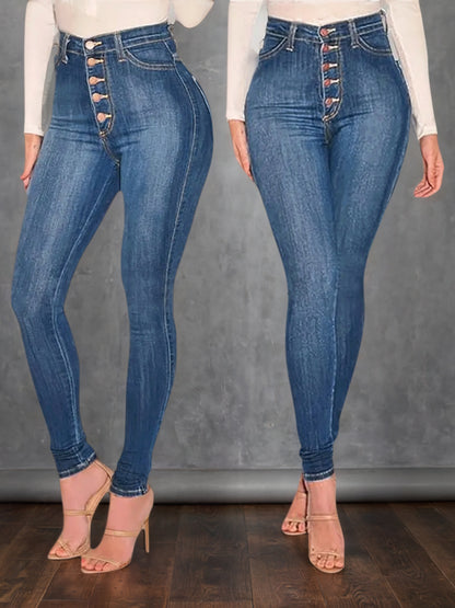 Women’s mid-blue high-waisted buckle jeans, front view with button-up waist and ankle cuffs
